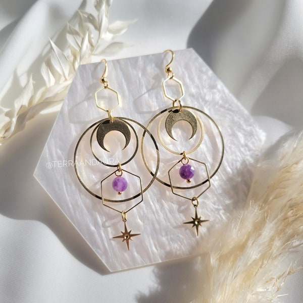 Amethyst Geometric Celestial Brass Earrings, Moon and Stars Cosmic Jewelry, Gold Statement Earrings, Modern Boho Goddess Witchy Jewelry