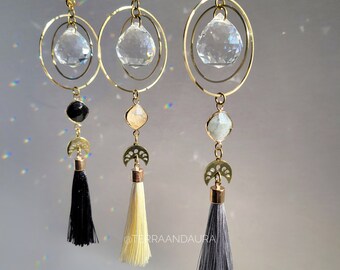 Orbital Prism Gemstone Moon Phase Suncatcher for Car, Hanging Car Crystal, Boho Tassel Rainbow Maker, Black Agate, Citrine, Labradorite