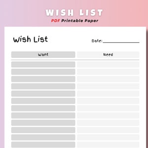Lista de deseos imprimible, lista de deseos, lista de compras, descargable, cosas para comprar, página de lista de deseos simple imprimible, descargas digitales, PDF.