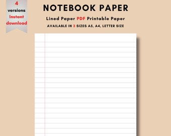Printable Lined Notebook Paper: A5, A4, Letter Size (PDF Digital Download)