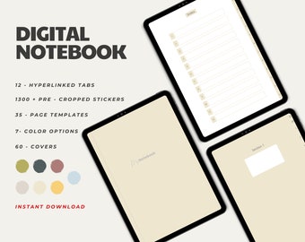 May include: Digital notebook with 12 hyperlinked tabs, 1300+ pre-cropped stickers, 35 page templates, 7 color options, and 60 covers. The notebook is shown open on a tablet screen with an index page and a section page.