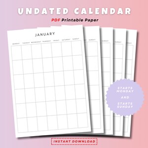 printable Undated Monthly Calendar, large calendar, minimal calendar, cute calendar, virtual planner, folk calendar, event calendar, PDF, A4