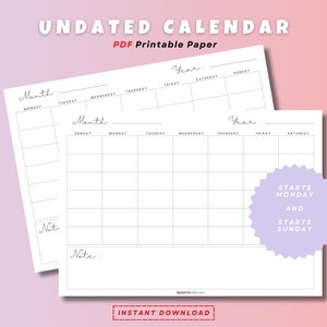 printable Undated Monthly Calendar, Monday start & Sunday start, Wall Calendar, Desk Calendar, Monthly Planner, horizontal calendar, A4, Us