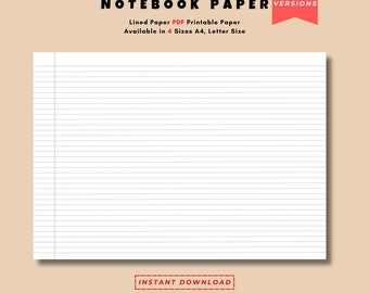 Horizontal Notebook Paper Digital Download, School Paper, Lined Paper PDF Printable Paper, Lined Paper A4, Letter Size, printable Notebook