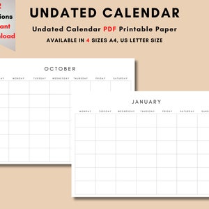 printable Undated Monthly Calendar, Monday start & Sunday start, Wall Calendar, Desk Calendar, Monthly Planner, horizontal calendar, A4, Us