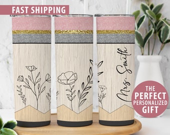 Personalized Teacher Tumbler Gift for Teacher Appreciation, Custom Name Teacher Tumbler Cup Teacher Gift, Pencil Skinny Tumbler With Straw