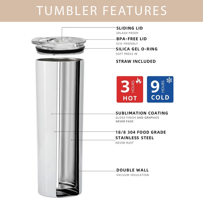 May include: A stainless steel tumbler with a double wall and vacuum insulation. It features a sliding lid, a BPA-free lid, a silica gel O-ring, and a straw. The tumbler keeps drinks hot for 3 hours and cold for 9 hours. It has a sublimation coating that allows for custom graphics.