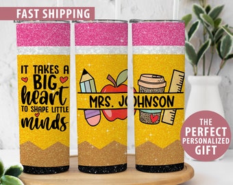 Personalized Teacher Tumbler, Teacher Gift, Custom Name Teacher Cup for Back to School Gift for Teacher, Faux Glitter Pencil Skinny Tumbler