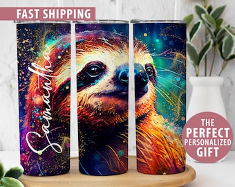 Personalized Sloth Tumbler Sloth Gift, Custom Name Sloth Cup, Sloth Birthday Gift, Alcohol Ink Sloth Skinny Tumbler With Straw, Sloth Mug
