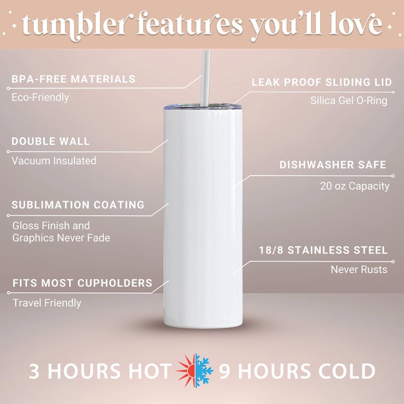 May include: A white tumbler with a straw, featuring text highlighting its features: BPA-free, double-walled, sublimation coating, and 18/8 stainless steel. It holds 20 oz and fits most cup holders. Keeps drinks hot for 3 hours and cold for 9 hours.