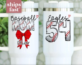 Personalized Baseball Mom Tumbler Baseball 40oz Tumbler with Kids Name and Number Baseball Mom Cup Gift Baseball Mom Gift Travel Mug Handle
