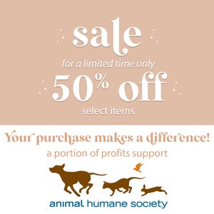 May include: A promotional graphic with a peach background. The word "sale" is in white script, with "50% off" in large white text. The graphic also includes the text "Your purchase makes a difference!" and silhouettes of animals.