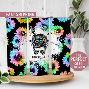 Mom Sunflower Tumbler for Mom for Mothers Day Gift from Kids, Momlife Sunflower Tumbler Cup Gift for Mother's Day Messy Bun Mom Life Tumbler