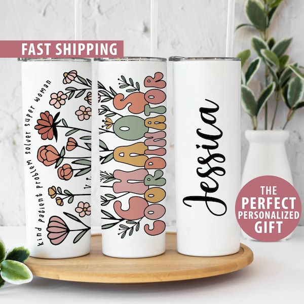 Personalized Chaos Coordinator Tumbler Cup Gift for Her, Custom Chaos Coordinator Mug for Appreciation Gift, Retro Wildflower Manager Gift