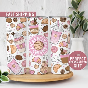 Cafecito Y Chisme Tumbler Personalized Gift for Women, Latina Gift Cafecito y Chisme Mug, Pink Conchas Skinny Tumbler, Custom Tumbler Cup