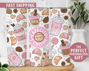 Cafecito Y Chisme Tumbler Personalized Gift for Women, Latina Gift Cafecito y Chisme Mug, Pink Conchas Skinny Tumbler, Custom Tumbler Cup