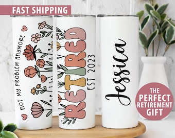 Personalized Retirement Tumbler Gift, Retirement Gift for Women, Custom Retirement Cup for Her, Retirement Mug, Retro Flower Retirement Cup