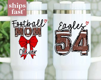 Personalized Football Mom Tumbler Football 40oz Tumbler with Kids Name and Number Football Mom Cup Gift Football Mom Gift Travel Mug Handle