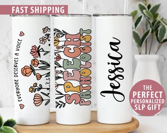 Personalized Speech Pathologist Tumbler Gift for SLP Graduation Gift, Custom Speech Language Tumbler Cup, Retro Wildflower SLP Mug, SLP Gift