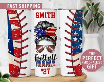 Personalized Football Mom Tumbler for Football Mom, Custom Football Mama Tumbler with Straw, Football Gift For Mom USA Messy Bun Tumbler Cup