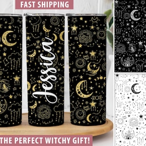 Personalized Celestial Tumbler, Custom Witchy Gifts for Her, Crystal Moon Tumbler Cup with Lid Personalized Moon Phases, Witchy Travel Mug