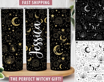 Personalized Celestial Tumbler, Custom Witchy Gifts for Her, Crystal Moon Tumbler Cup with Lid Personalized Moon Phases, Witchy Travel Mug