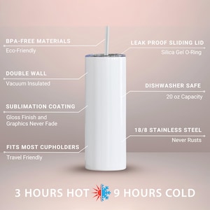 May include: A white, double-walled, vacuum-insulated tumbler with a leak-proof sliding lid. Features include a sublimation coating, 18/8 stainless steel, and a 20 oz capacity. The tumbler is dishwasher safe and fits most cup holders.
