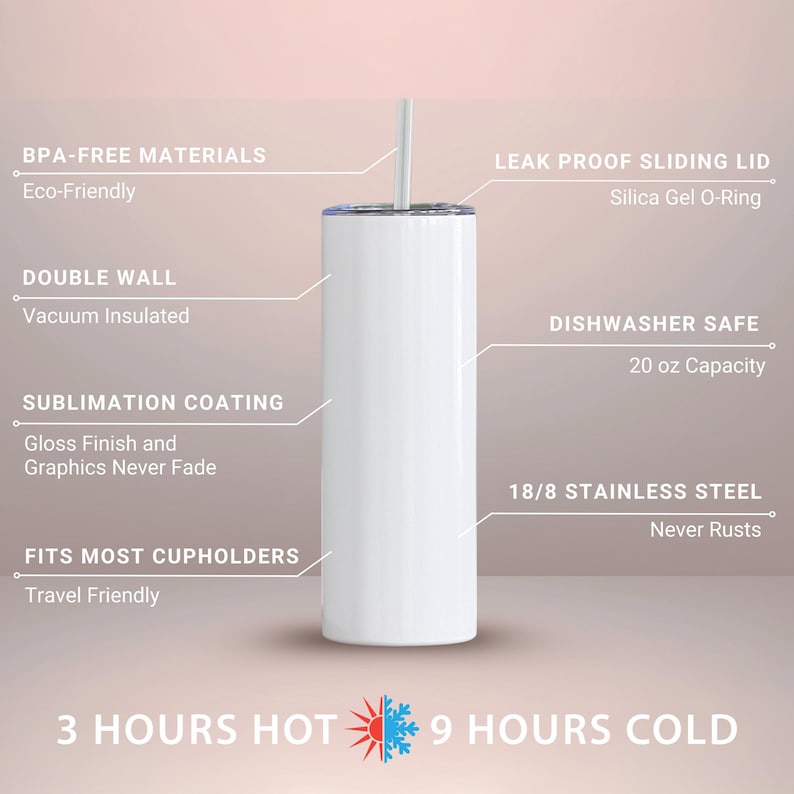 May include: A white, double-walled, vacuum-insulated tumbler with a leak-proof sliding lid. Features include a sublimation coating, 18/8 stainless steel, and a 20 oz capacity. The tumbler is dishwasher safe and fits most cup holders.