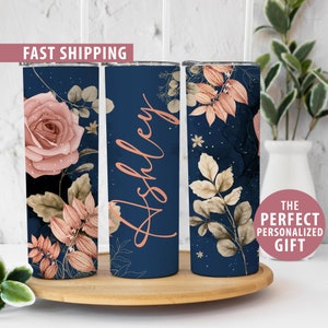 Personalized Name Tumbler Gift For Women, Custom Blue Floral Tumbler Birthday Cup, Girls Trip Tumbler With Straw, Wedding Bridesmaid Gift