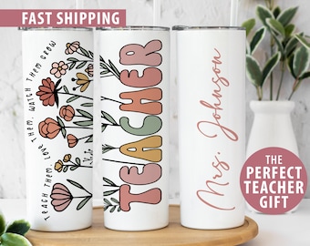 Personalized Wildflower Teacher Tumbler for Teacher, Custom Name Back to School Gift Teach Them Love Them Cup for Teacher Retro Teacher Gift
