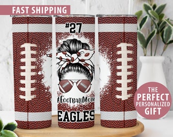 Personalized Football Mom Tumbler Gift, Custom Football Tumbler Cup for Football Mom Gift for Mom, 20oz Messy Bun Skinny Tumbler With Straw