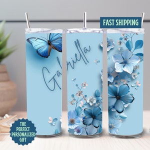 Blue Butterflies Personalized Tumbler, 3D Butterfly Tumbler Gift, Butterfly Lover Gifts, Butterfly Gifts for Women, Butterfly Gifts