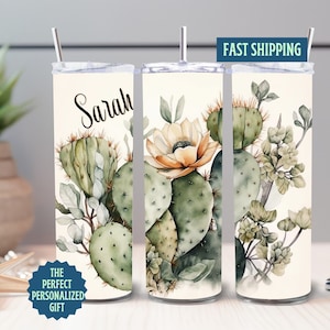 Custom Cactus Tumbler, Personalized Cactus Tumbler, Plant Lover Gift, Succulent Tumbler, Cactus Flower 20oz Skinny Tumbler with straw