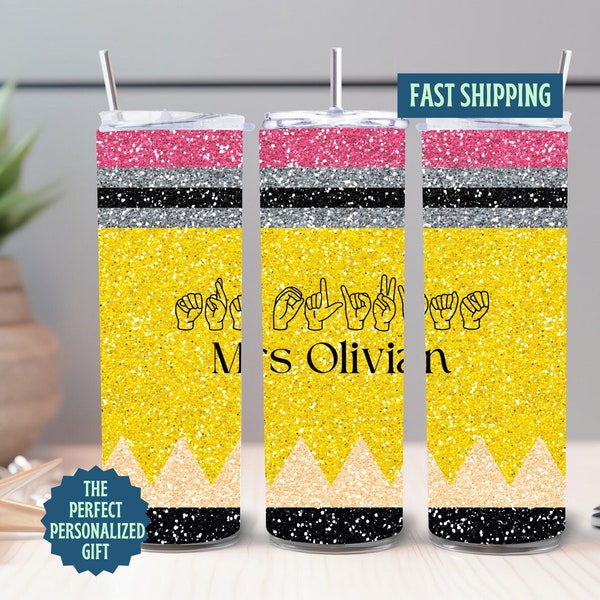 ASL Personalized Teacher Tumbler, American Sign Language Tumbler Gift, ASL Interpreter Gift, Glitter Teacher Tumbler