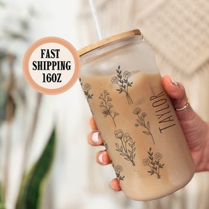 Wildflower Personalized Glass Cup, Minimalist Wildflower Glass Tumbler, Custom Floral Iced Coffee 16oz Frosted Glass Tumbler