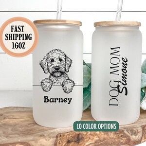 Dog Mom Glass Tumbler, Custom Dog Frosted Cup with Lid, Dog Personalized Tumbler, Dog Mom Mug Gift for Dog Lover, Dog Mom Glass Cup Gift