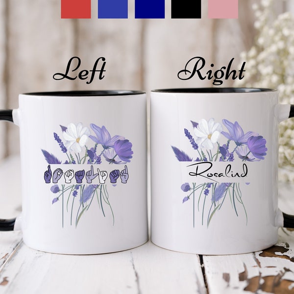ASL Purple Flower Personalized Coffee Mug, Custom ASL Mug, Sign Language Gifts, ASL Name Mug