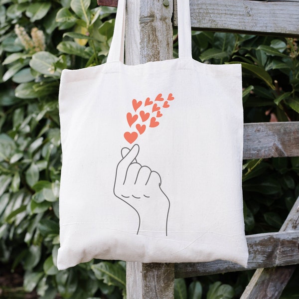 Korean Finger Heart Canvas Tote Bag, Aesthetic Tote Bag, Korean Messenger Bag, Organic Tote