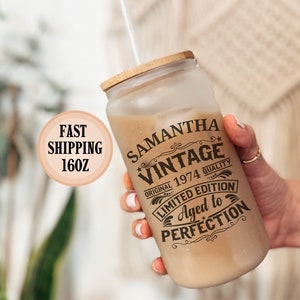 1974 Glass Cup, Personalized 50th Birthday Tumbler for Women and Men, Turning 50 Glass Cup with straw,   Aged to Perfection 1974