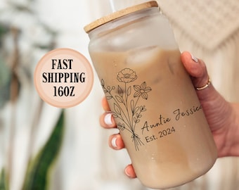 Personalized Auntie Glass Cup, Auntie Tumbler, New Auntie Gift, Favorite Aunt Gift from Niece, Auntie Iced Coffee Glass Cup with straw