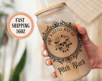 Just A Little Ray Of Pitch Black Tumbler, Skull Tumbler Glass Cup, Gothic Glass Cup, Goth Iced Coffee 16oz Frosted Glass Can with Lid