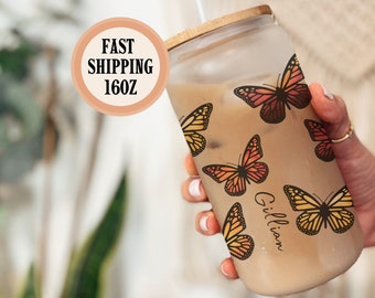 Monarch Butterfly Personalized Glass Cup, Custom Monarch Butterfly Tumbler, Monarch Butterfly Iced Coffee 16oz Frosted Glass Can with Straw