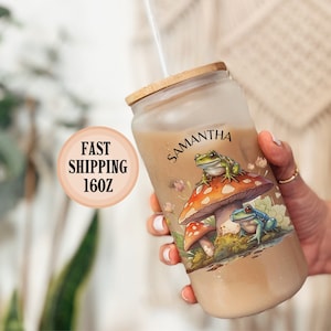 Iced Coffee Cottagecore Personalized Glass Cup, Custom Cottagecore Frog Tumbler, Cottagecore Glass Tumbler with straw, Frog Glass Cup