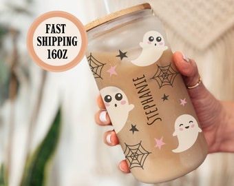 Personalized Ghost Glass Cup With Straw, Custom Ghost Glass Tumbler, Cute Ghost Iced Coffee 16oz Frosted Glass Can, Halloween Ghost Tumbler