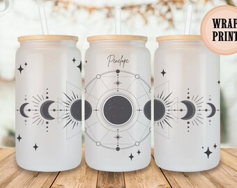 Moon Phase Personalized Tumbler Glass Cup, Celestial Tumbler, Custom Mystical Tumbler, Moon Lover Iced Coffee 16oz Glass Can with Lid