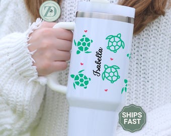 Sea Turtle 40oz Tumbler, Custom Turtle Tumbler with Handle, Turtle Name Tumbler Cup, Turtle Lover Gifts, Personalized Turtle Tumbler