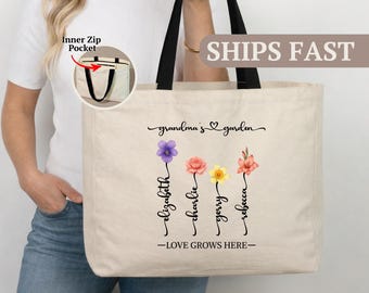 Personalized Grandmas Garden Weekender Tote Bag with Zipper, Custom Grandma's Garden Birthflower Tote Bag, Gift from Grandkids