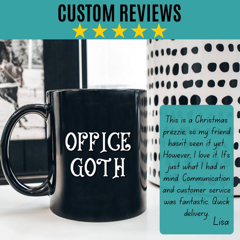 May include: Black ceramic mug with the words "OFFICE GOTH" in white lettering. The mug has a curved handle and is next to a black and white patterned container. The image includes customer reviews.