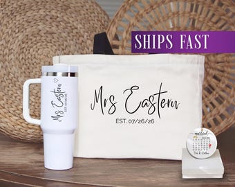 Bridal Bundle Gift Set, Wedding Bundle Tote Bag Gifts, Personalized Bride 40oz Tumbler, Wedding Calendar Ornament, Mrs Last Name Gift