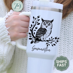 Personalized Owl Tumbler, Owl 40oz Tumbler with handle, Owl Themed Gift, Owl Travel Tumbler Cup, Owl Lover Custom Tumbler with straw